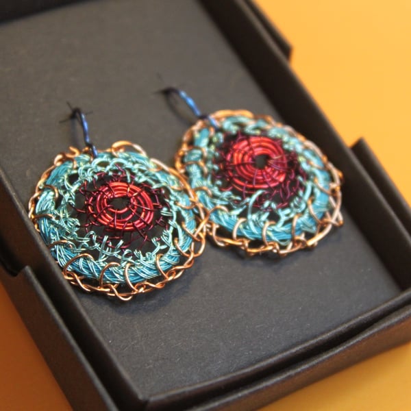 Blue and red disc earrings from recycled materials