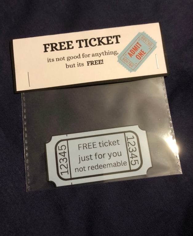 Novelty gift, FREE ticket joke gift, fun and quirky