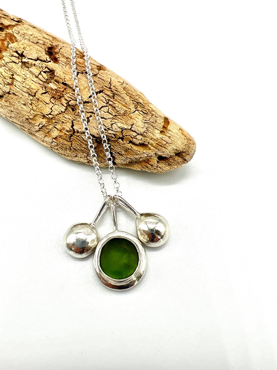 Olive Green Sea Glass and Pebbles Necklace 