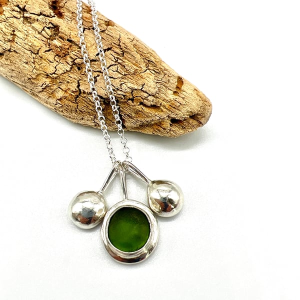Olive Green Sea Glass and Pebbles Necklace 