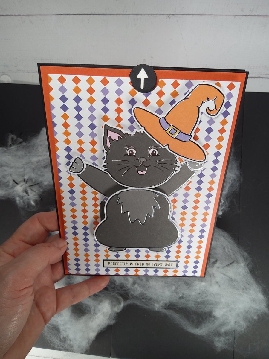 Interactive Halloween Black Cat Card. Moving Witch Cat. Handmade Pull Tab Card.