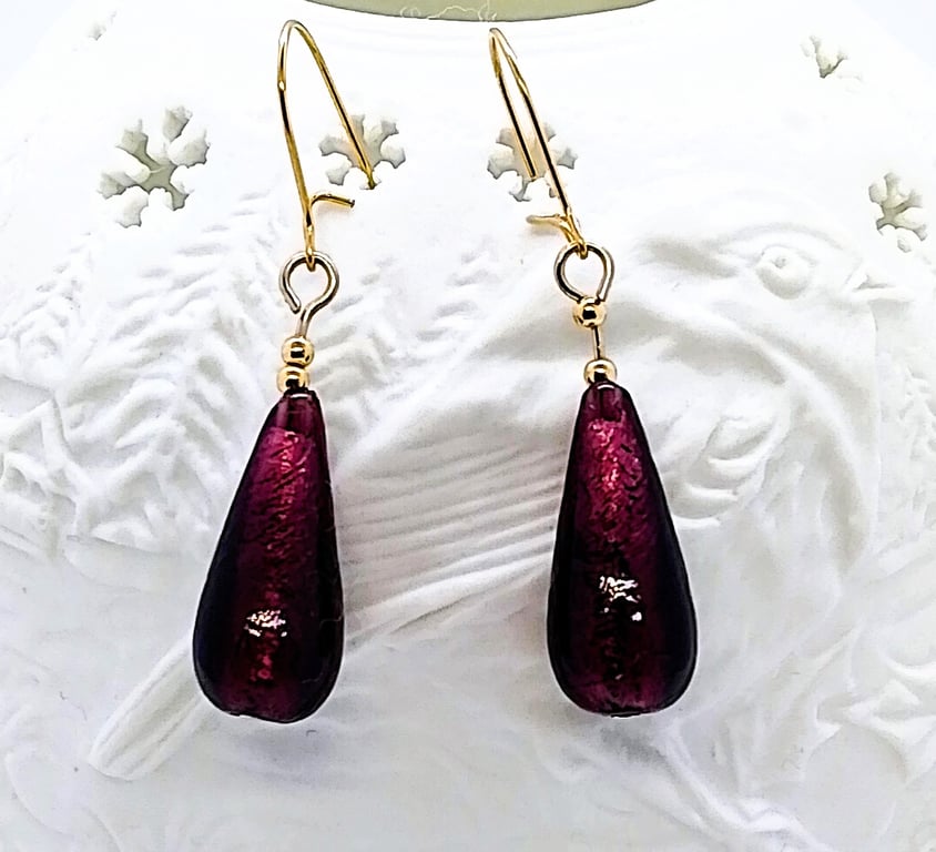 Dark Amethyst Murano Glass Earrings, Silver Foiled, Gold-Filled Beads, Ear Wires