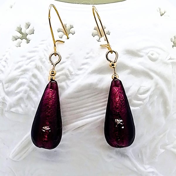 Dark Amethyst Murano Glass Earrings, Silver Foiled, Gold-Filled Beads, Ear Wires
