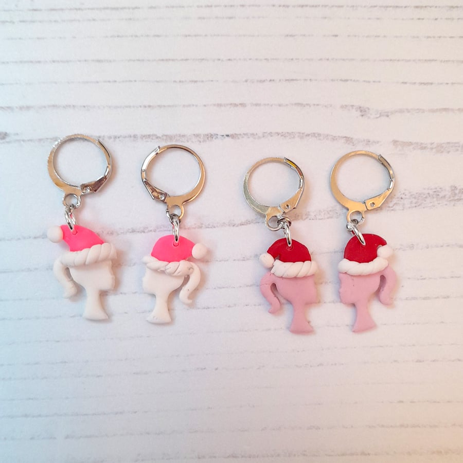 Christmas Barbie earrings, huggie hoops or studs