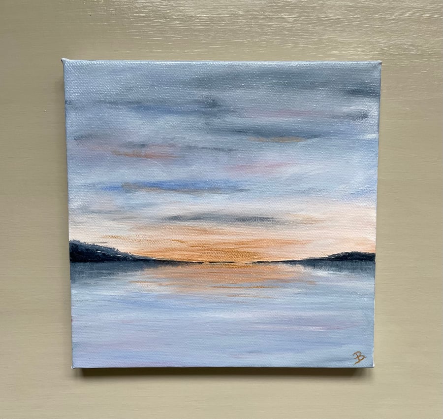 Small, acrylic sunset seascape painting on square Canvas original art.