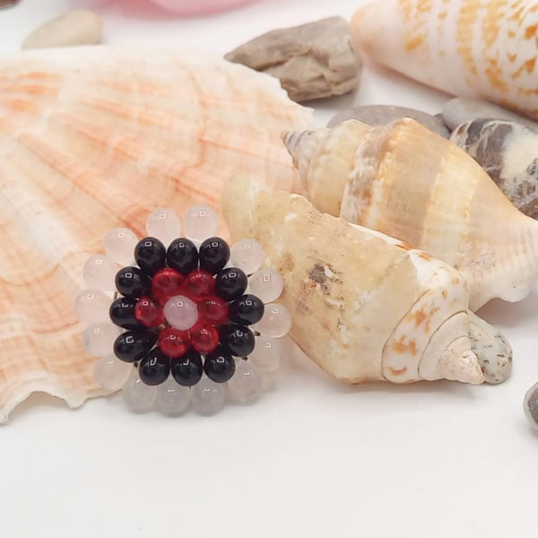 Hand Sewn Black, White and Red Beaded Ladies Small Mandalla Brooch