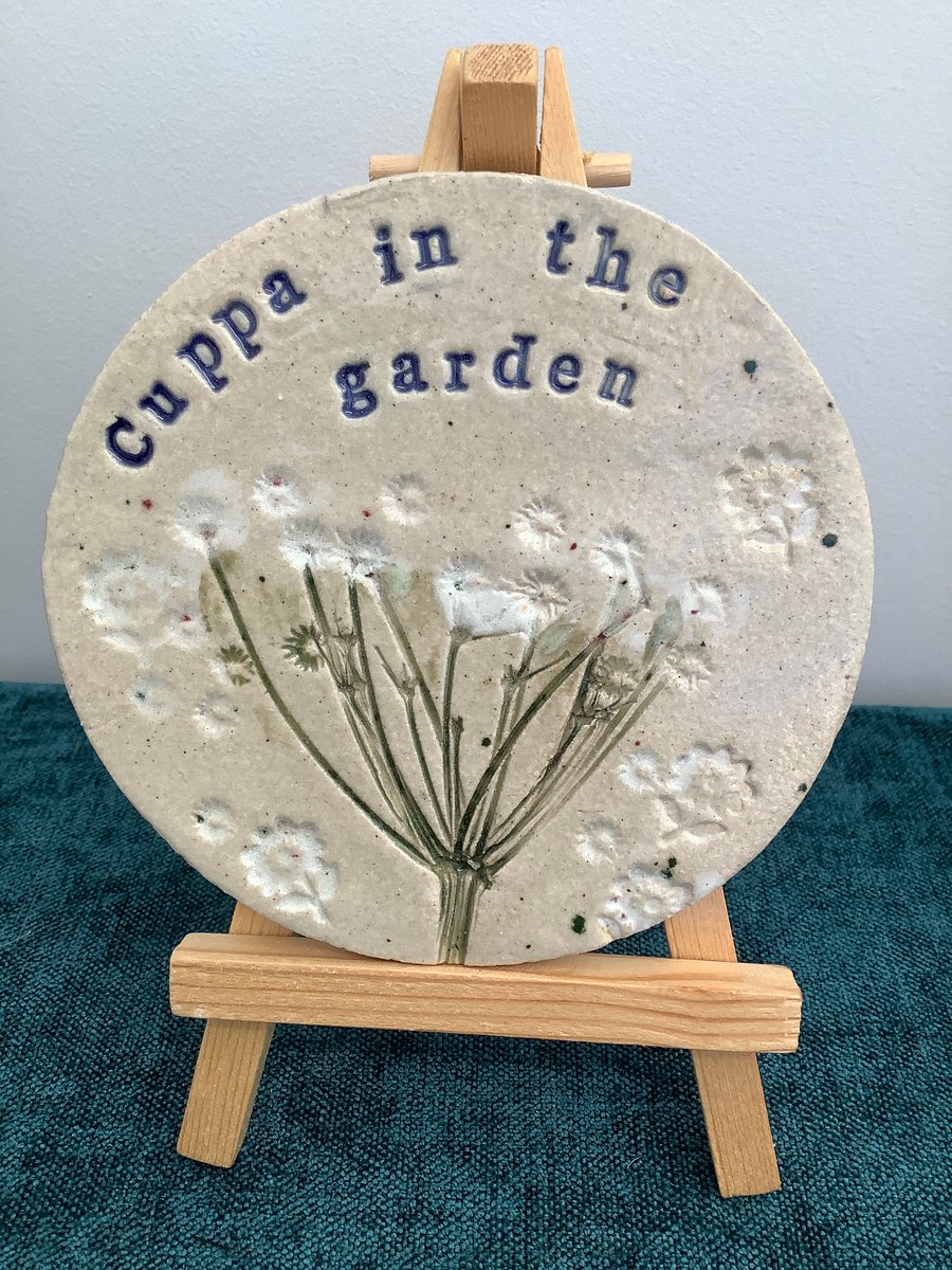 Cuppa in the garden - hand made ceramic coaster, decorative, gift ornament, 