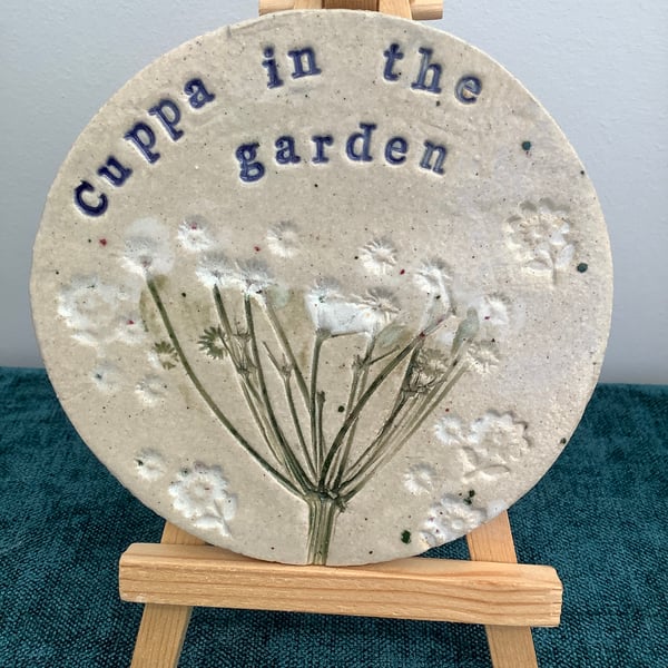 Cuppa in the garden - hand made ceramic coaster, decorative, gift ornament, 