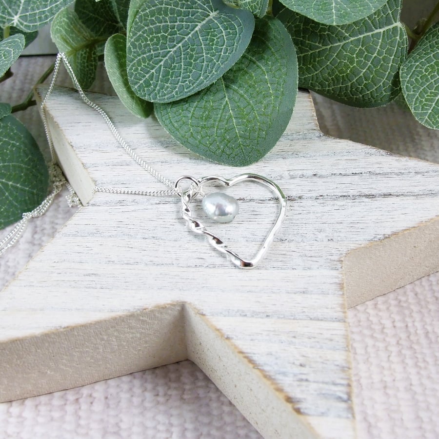 Silver Heart Necklace with Grey Pearl