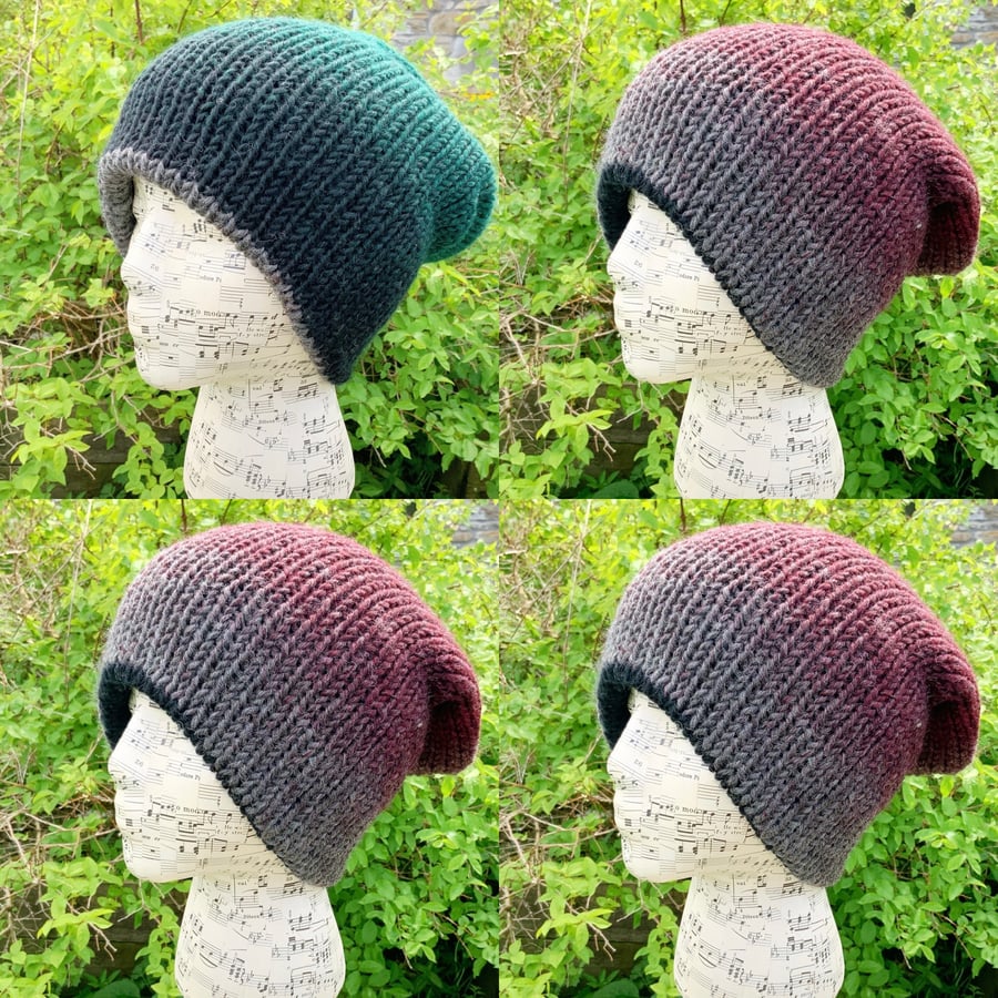 Reversible Hat. Beanie. Slouchy. Woolly Hat. Woollen Hat. Knitted Hat. Hats.