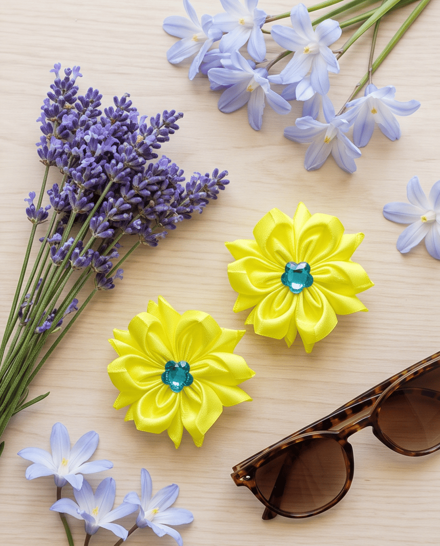 Neon Yellow Satin Flower Hair Bobbles – Handmade Ribbon Hair Ties for Girls
