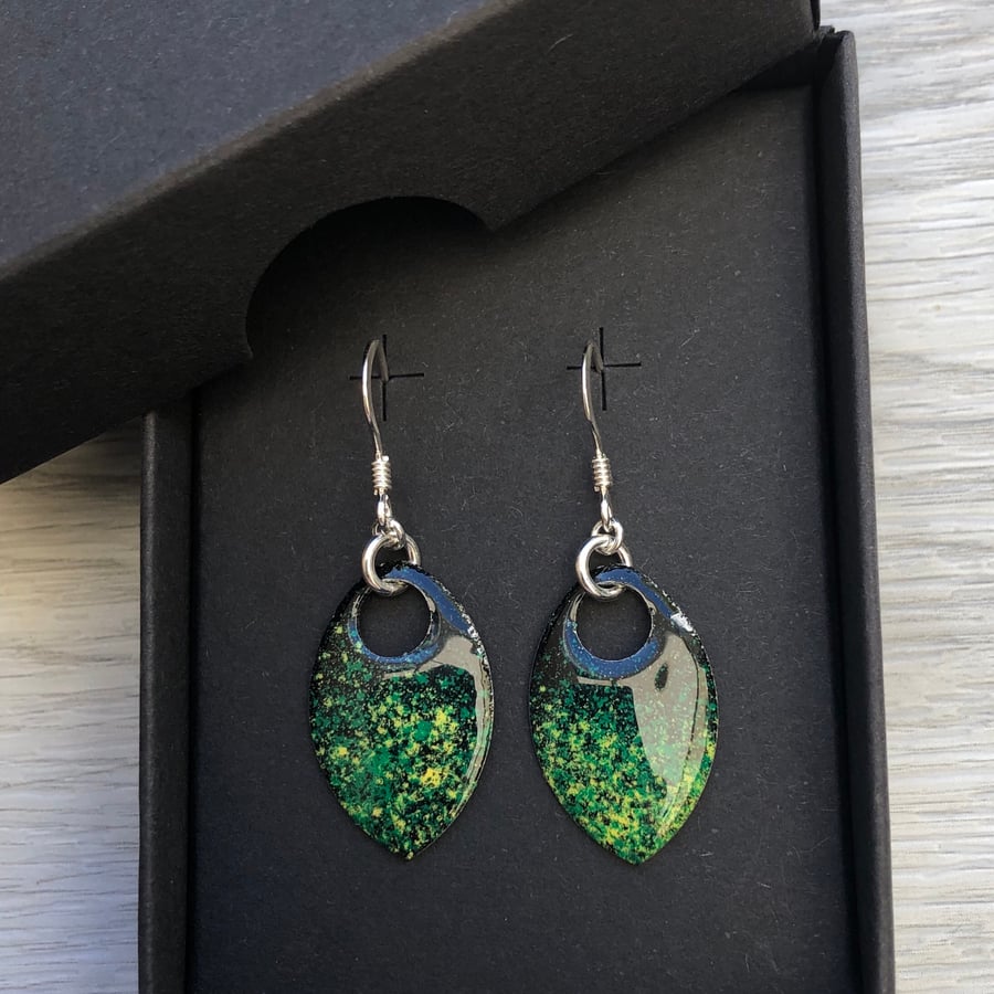 Black, green and yellow enamel scale earrings. Sterling silver. 