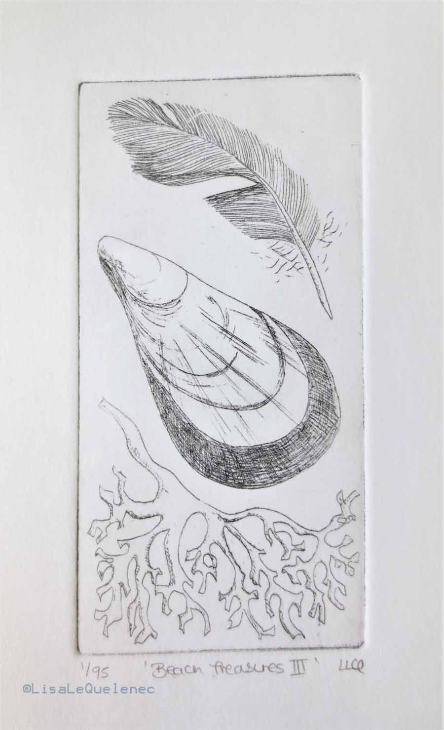 Beach treasures III original etching print of a feather, mussel shell & seaweed