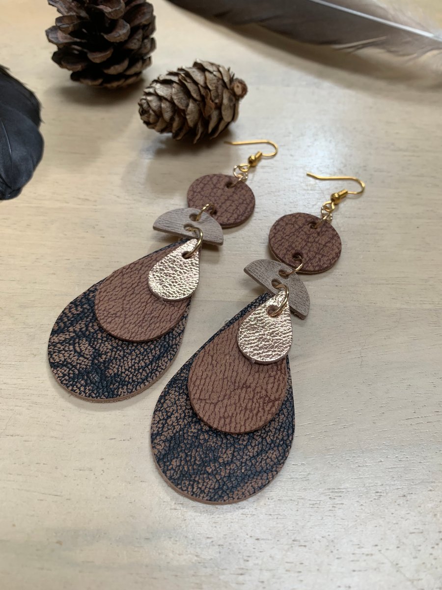 Dangle handmade earrings brown gold leather free gift wrap 