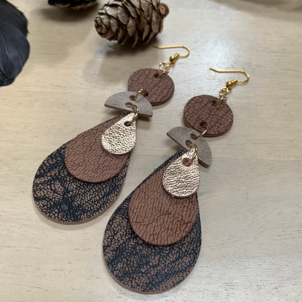 Dangle handmade earrings brown gold leather free gift wrap 
