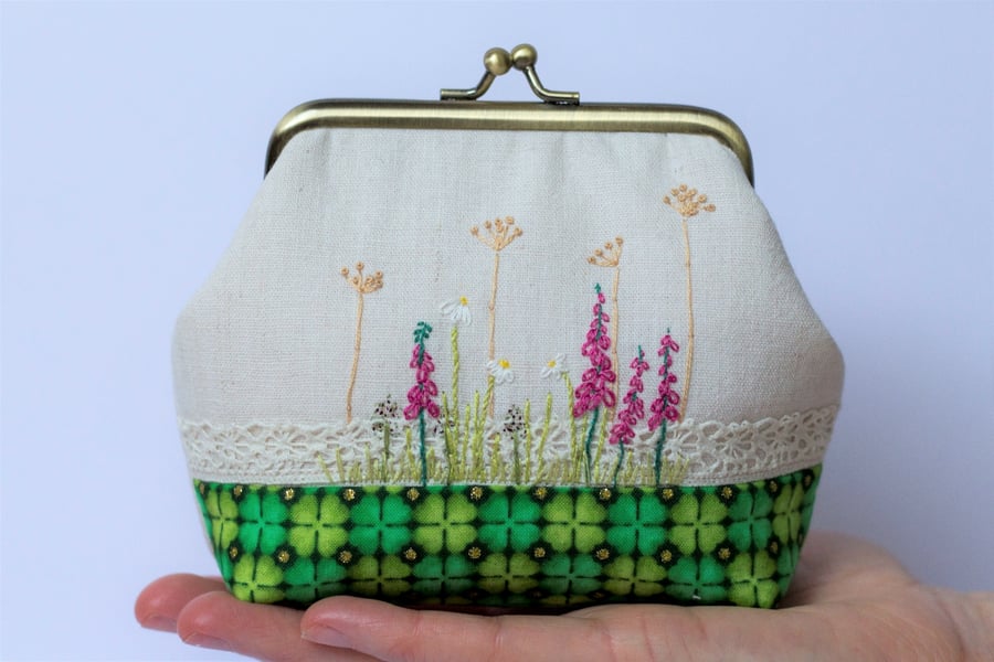 Wildflower Embroidered kiss lock purse pouch one of a kind