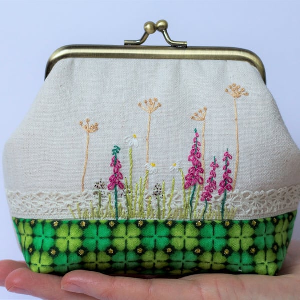 Wildflower Embroidered kiss lock purse pouch one of a kind