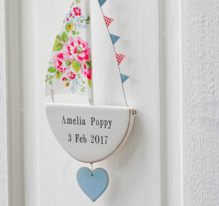 Personalised Hanging Floral Sailing Boat - Door Sign 