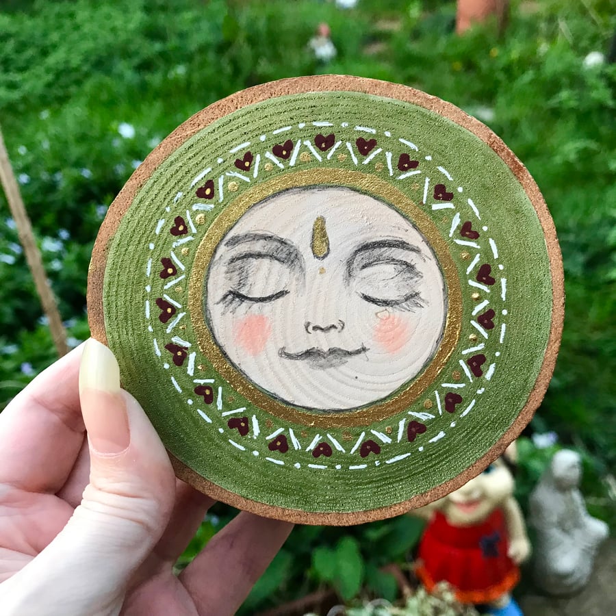 Painted wood slice , green meditation mandala with mini display easel