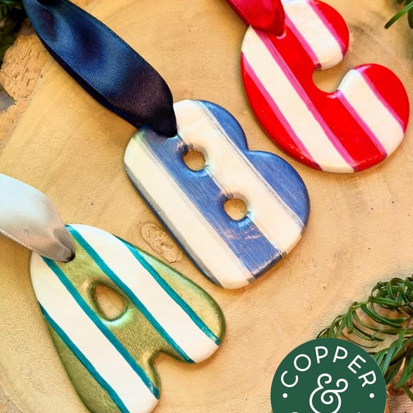 Bubble Letter Christmas Decoration - Handmade Clay Initial Bauble