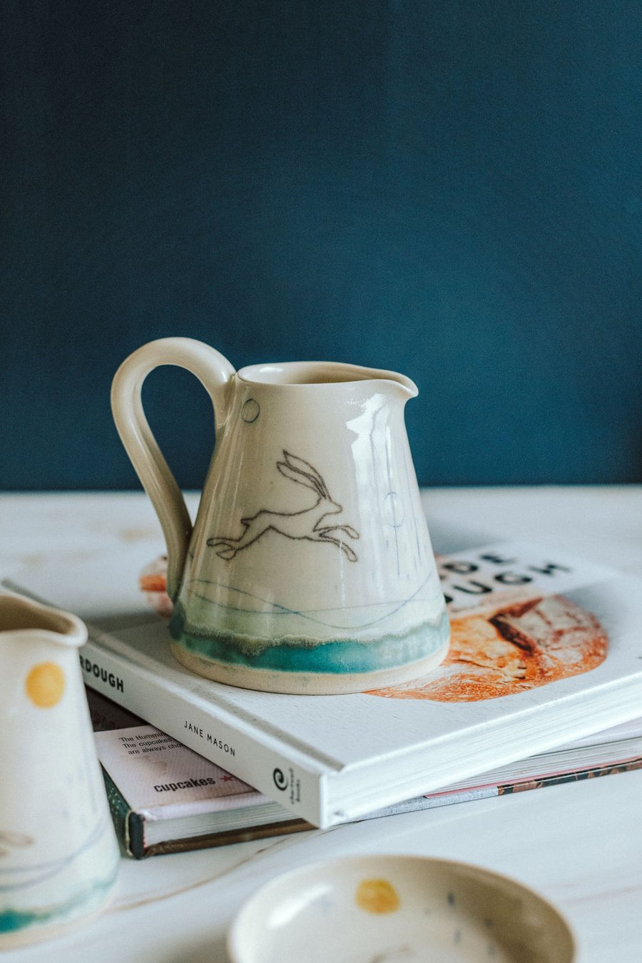 Ceramic handmade small jug - Hare mustard moon