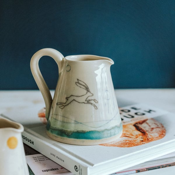 Ceramic handmade small jug - Hare mustard moon
