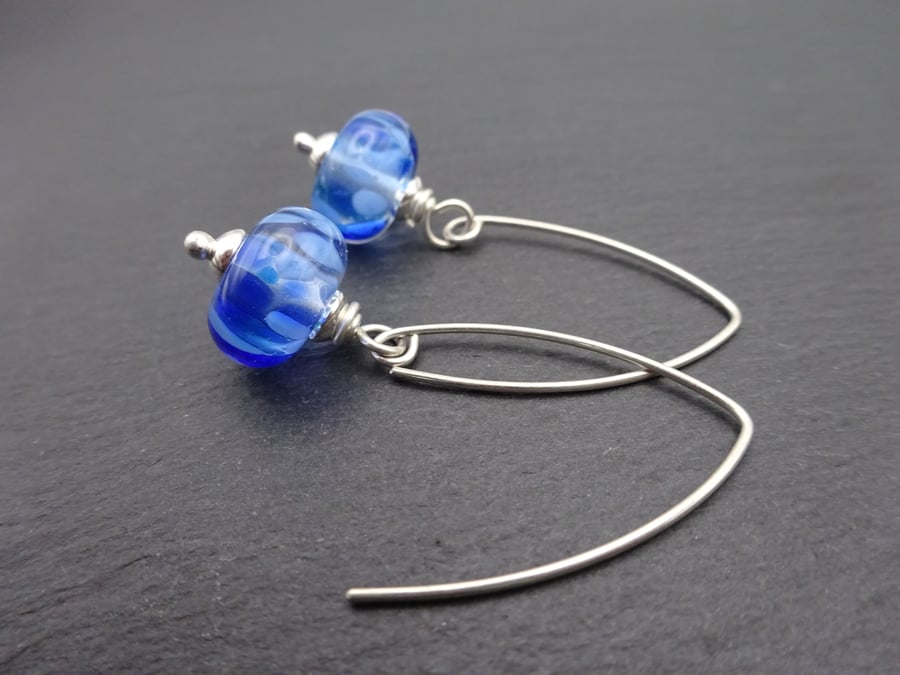 sterling silver earrings, blue frit lampwork glass
