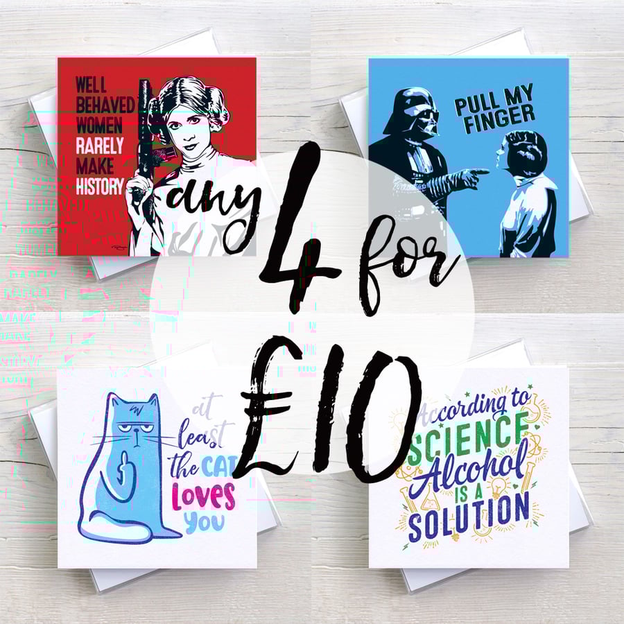 Any 4 Funny Alternative Greetings cards for Ten pounds mix and match set