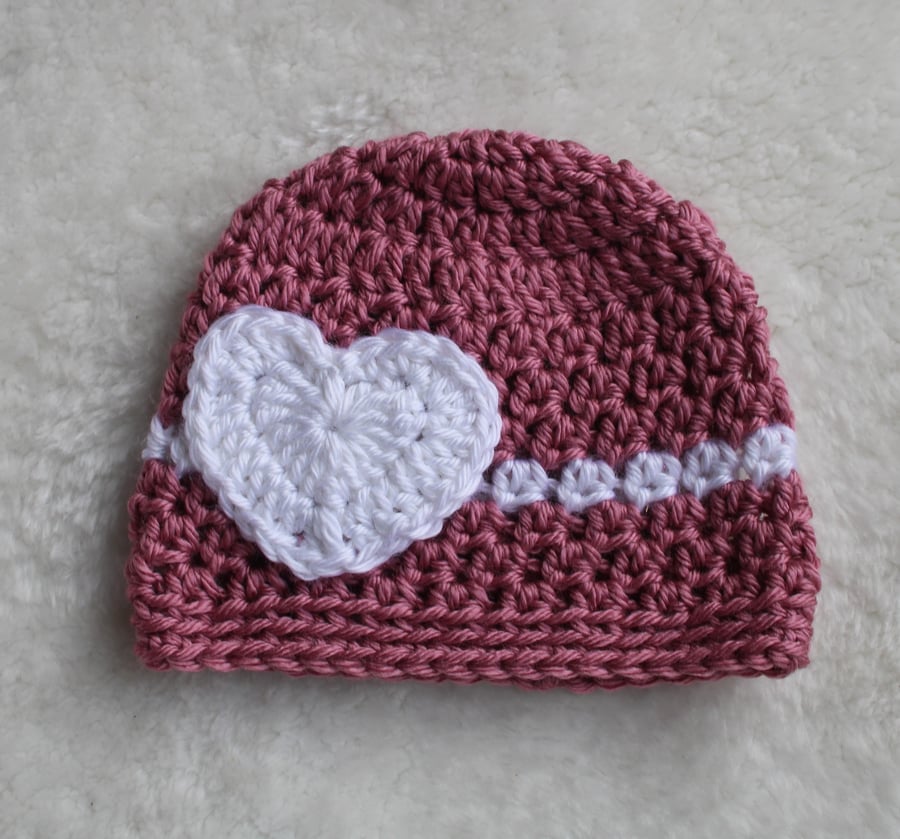 Baby Hat with Heart Motif -  Pink and White - Valentine Baby- New Baby