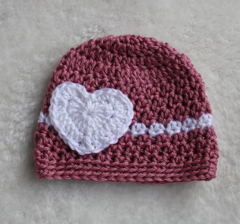 Baby Hat with Heart Motif -  Pink and White - Valentine Baby- New Baby