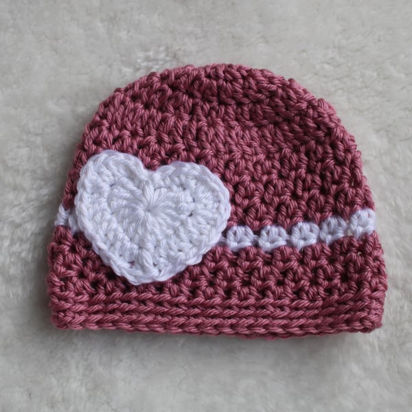 Newborn Beanie Hat with Heart Motif - Dusty Pink and White - Baby Girl Love Hat
