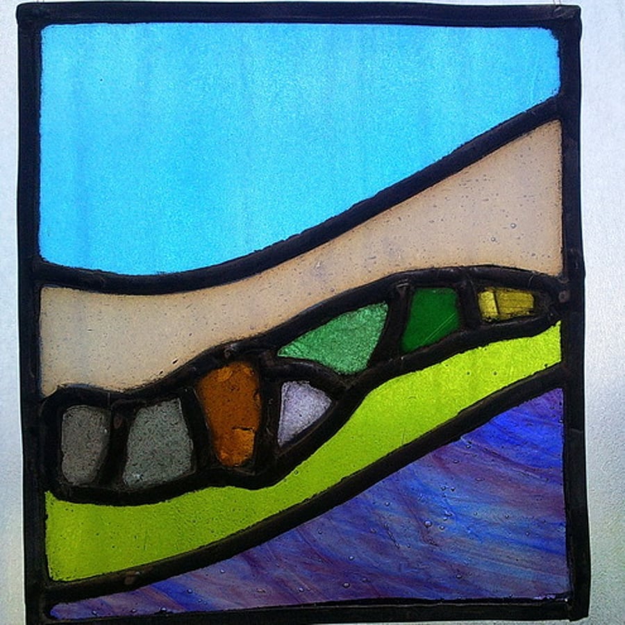 Tiny sea glass rock pool, stained glass panel