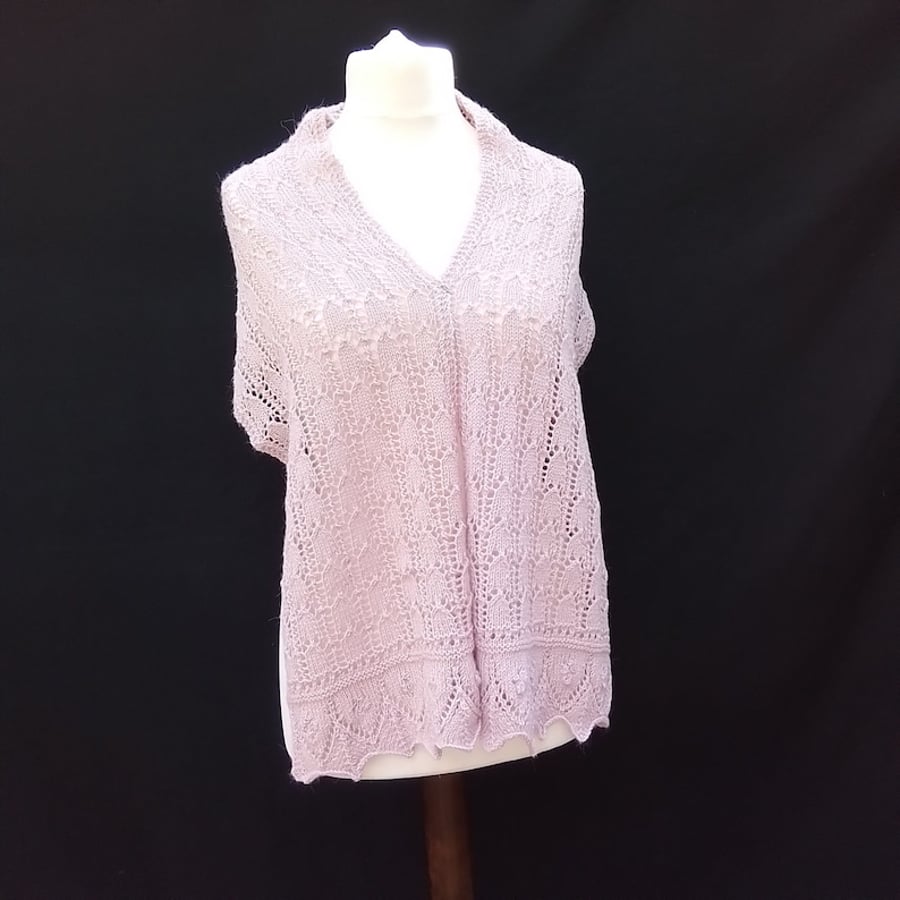 Ladies lacy shawl or wrap hand knitted in light pink alpaca yarn