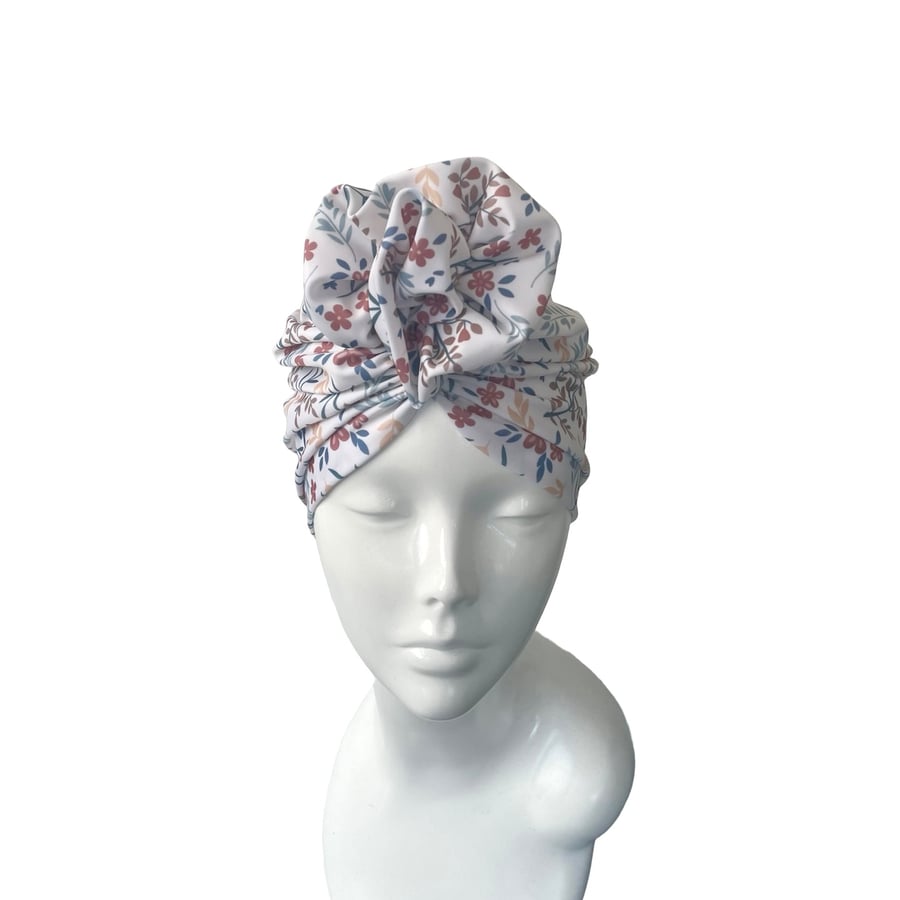White Floral UPF 50 Turban Hat for Women Hair Loss Head Scarf Swim Jersey Cap