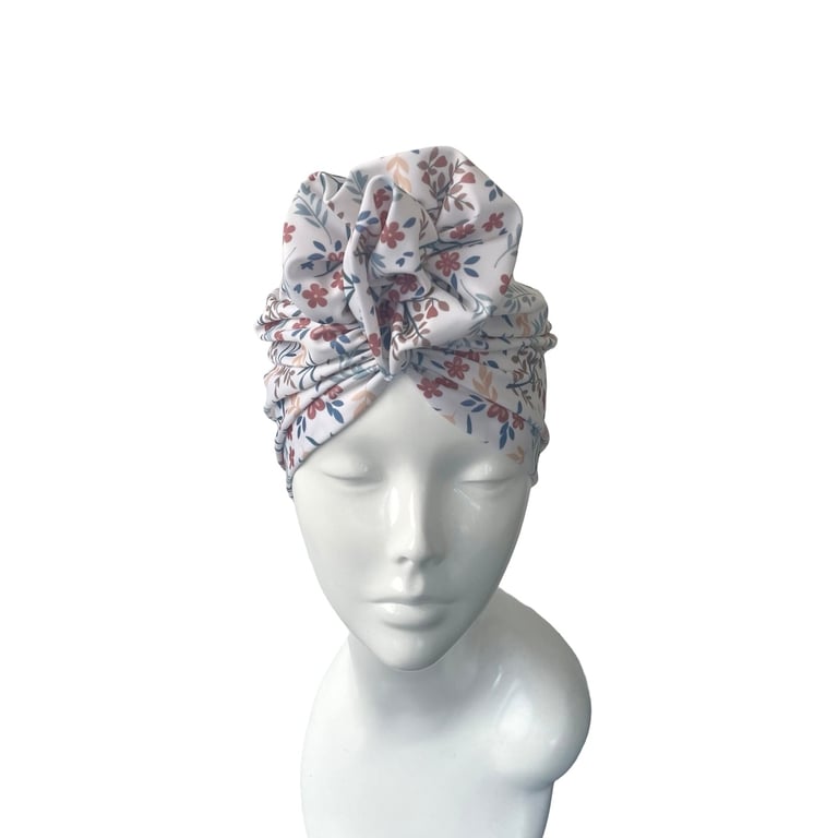 White Floral UPF 50 Turban Hat for Women Hair Loss Head Scarf Swim Jersey Cap