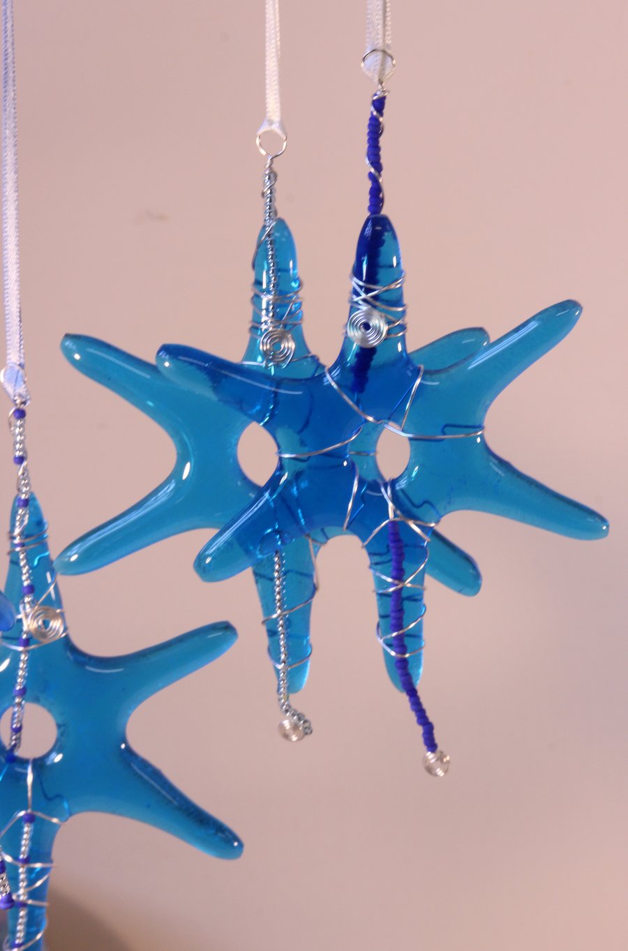 Glass Star, Christmas Star decorations, wire wrapped and beaded 