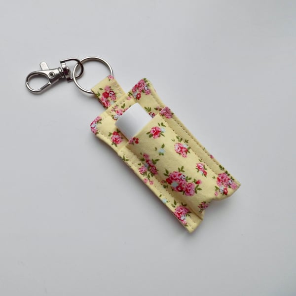 Key ring lip balm holder in yellow and pink floral fabric keyring 