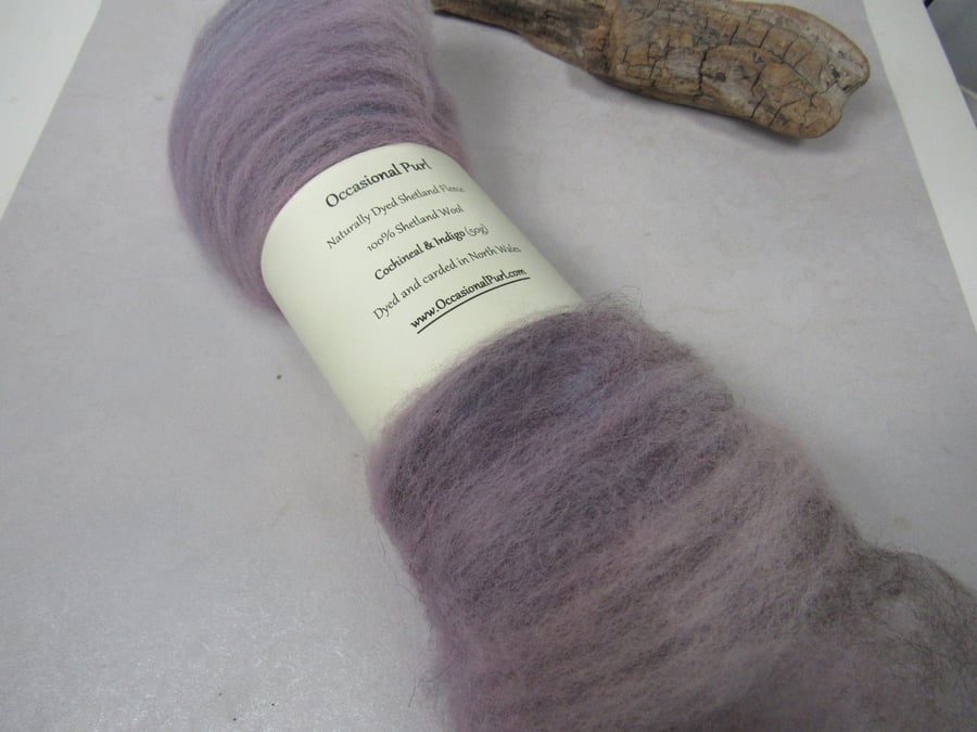 50g Cochineal and Indigo Purple Naturally Dyed Shetland Wool Batt
