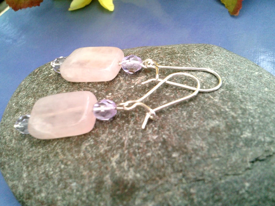 Pink Rose Quartz & Lilac Dangle Earrings, Taurus & Libra birthstone