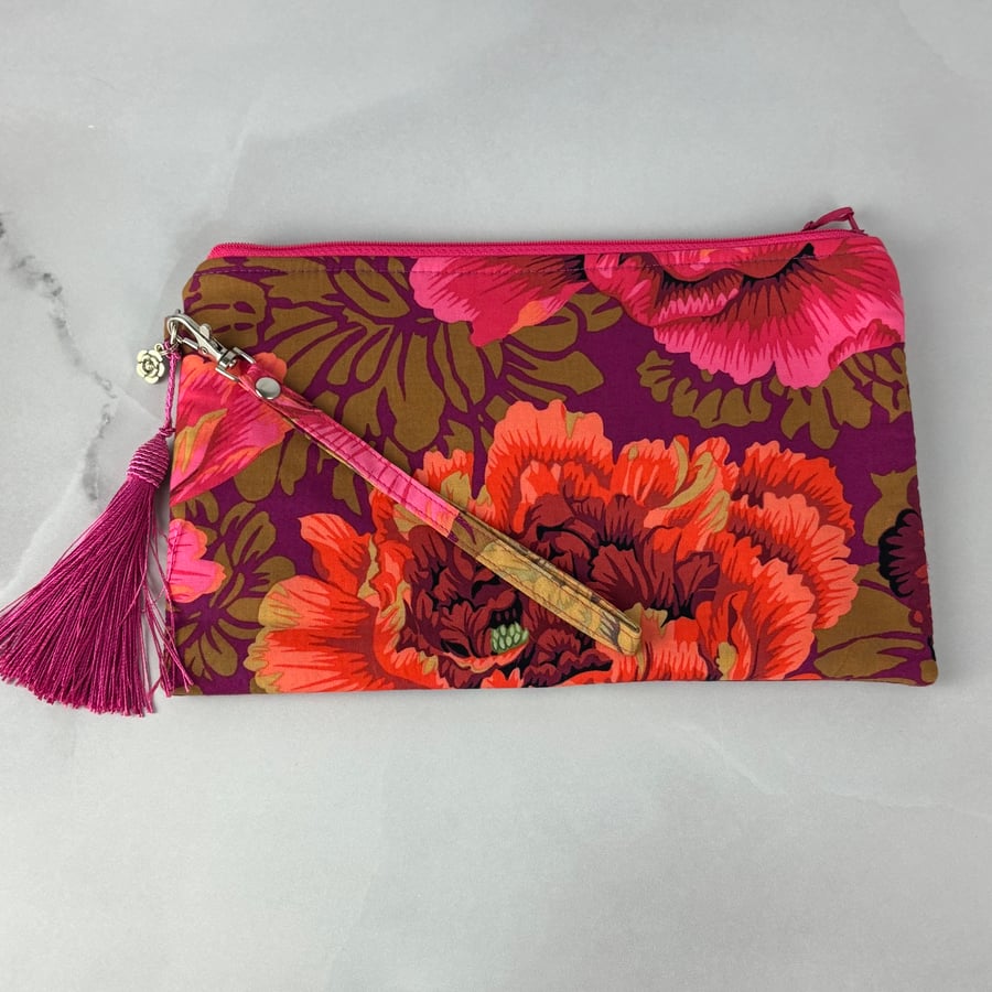 Floral zip clutch bag, Detachable wrist strap, Handmade