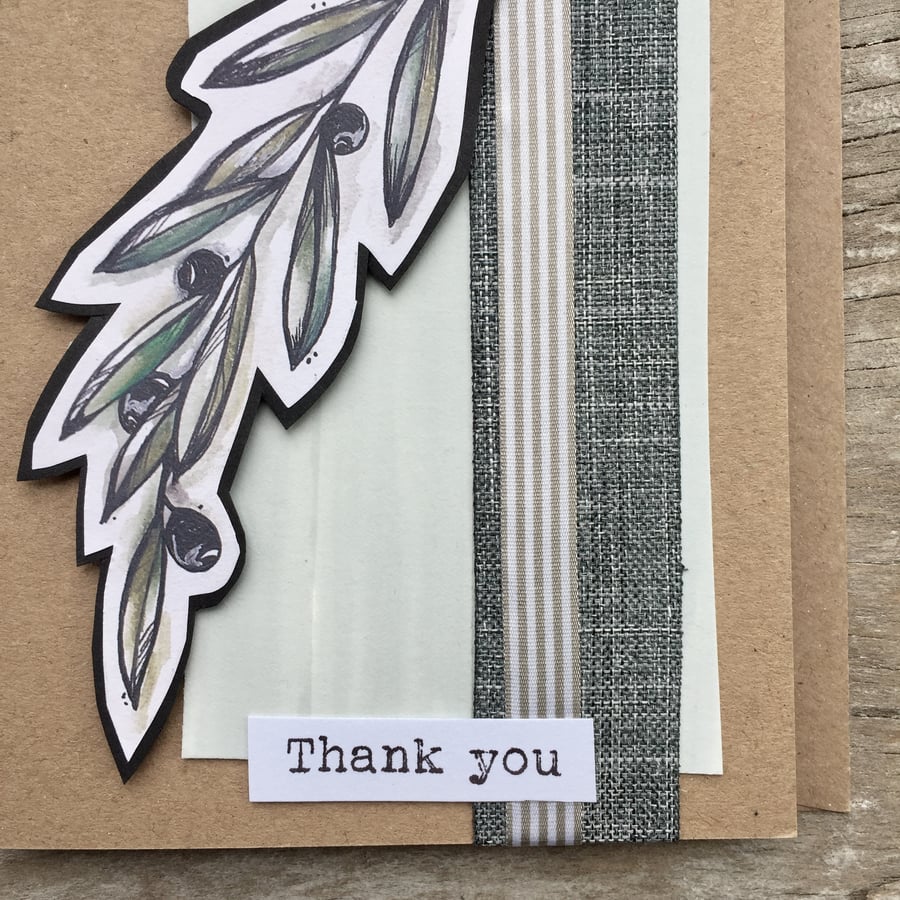 handmade recycled paper card (item no 221) thank you,olive branch