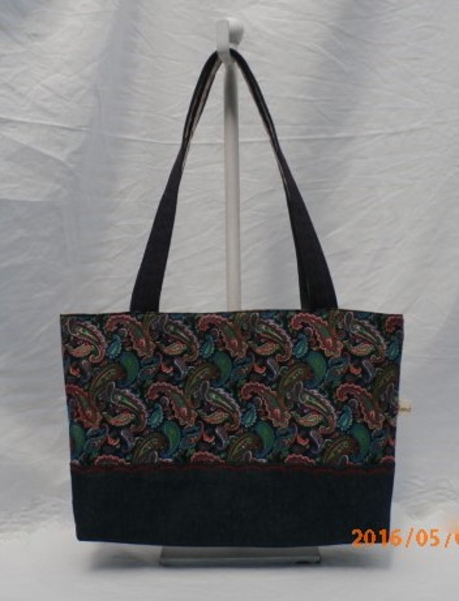 Paisley Cotton Fabric With Denim Handles and Base Shoulder Bag  Tote Bag 