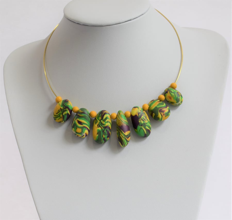 Gold, Yellow, Green, & Maroon Polymer Clay Pebbles Beaded on Wire Necklace