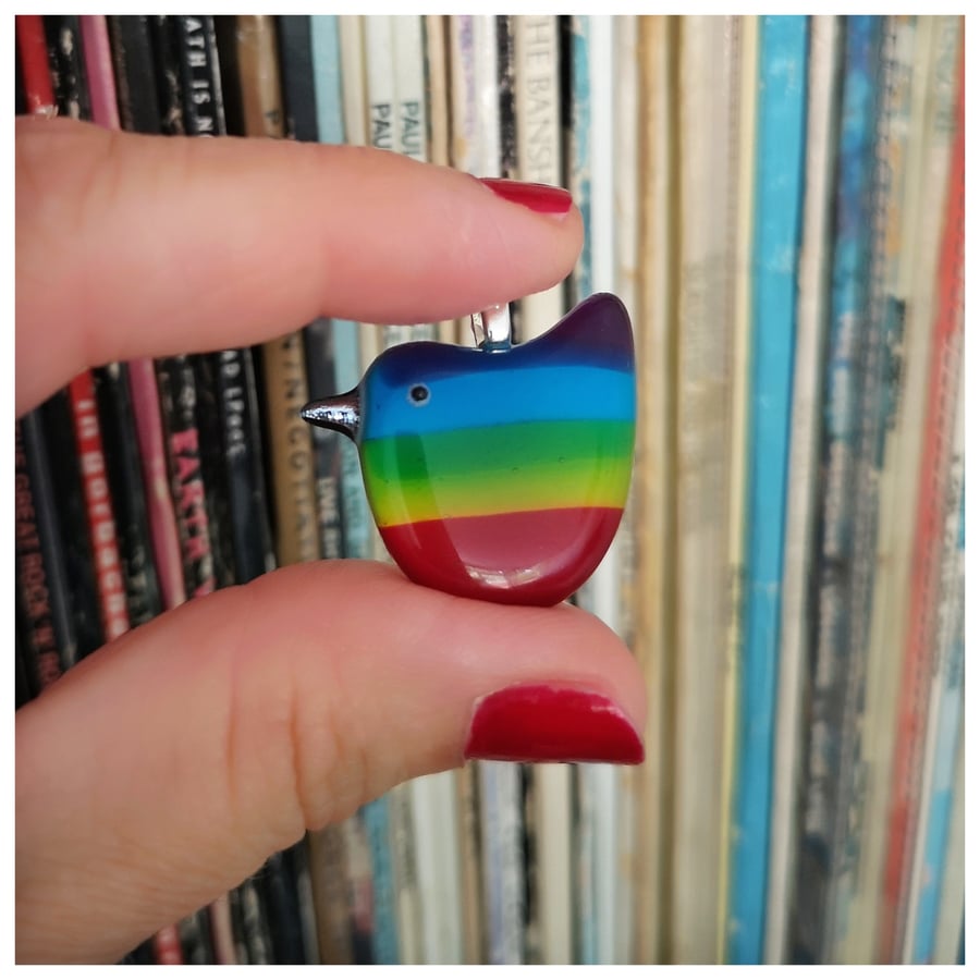 rainbow glass bird pendant with red belly