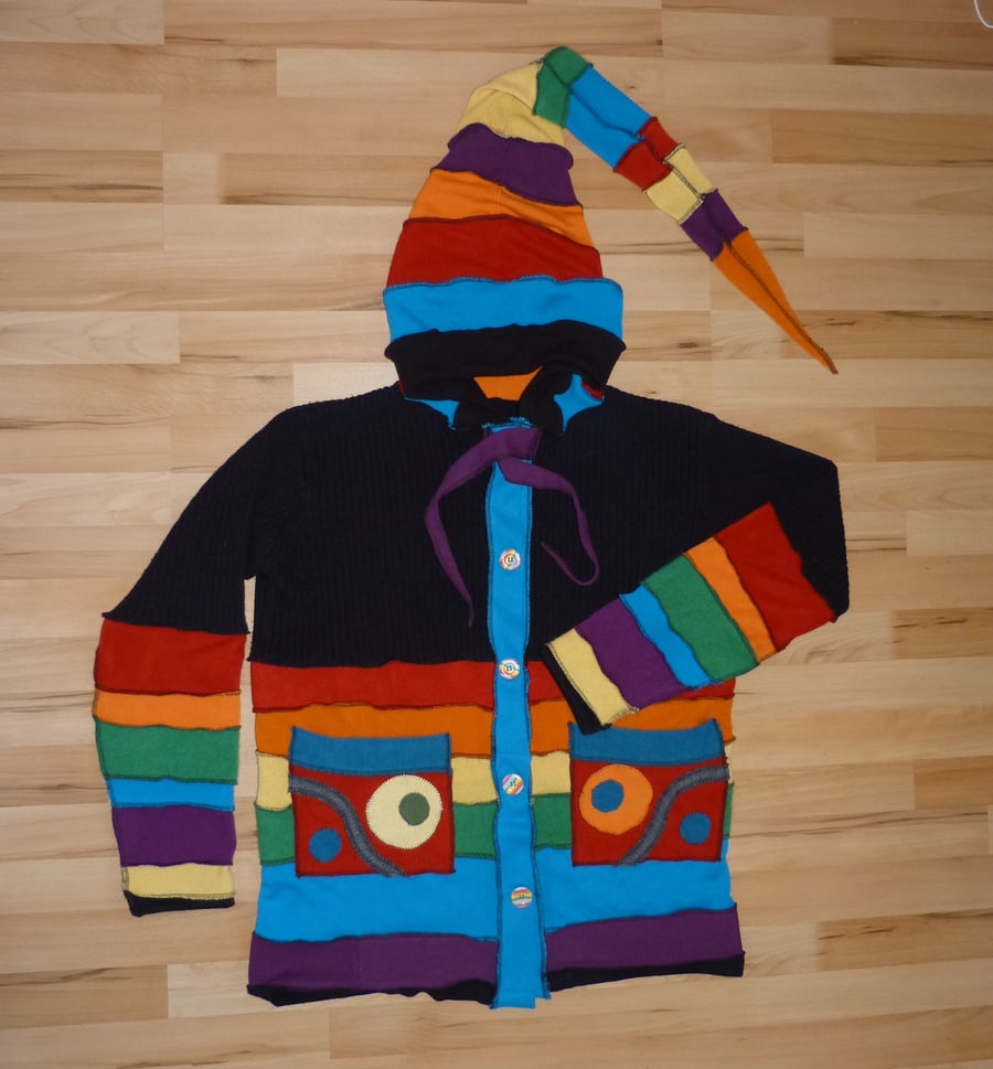 Upcycled Rainbow Jacket with Buttons Hood Patch Pockets and Neck Ties. Large.