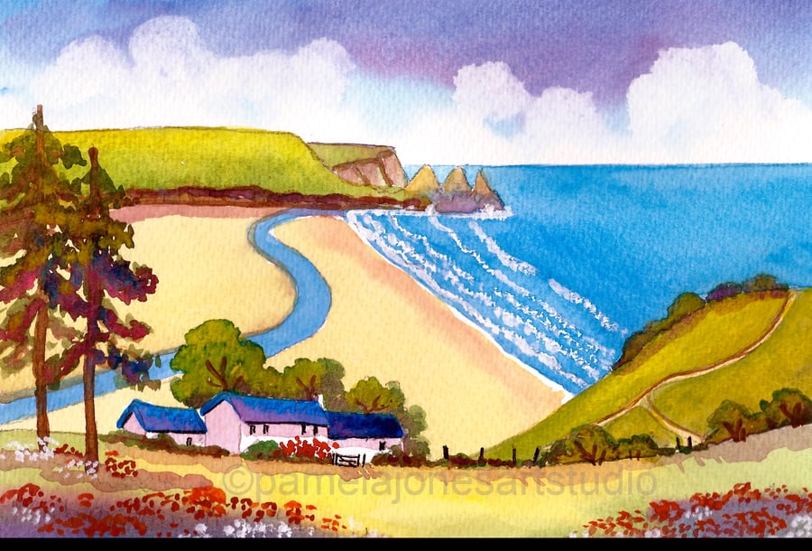 Three Cliffs Bay, Gower, Watercolour Print in 14 x 11'' Mount