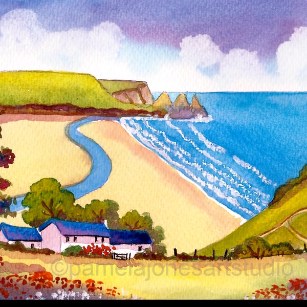 Three Cliffs Bay, Gower, Watercolour Print in 14 x 11'' Mount