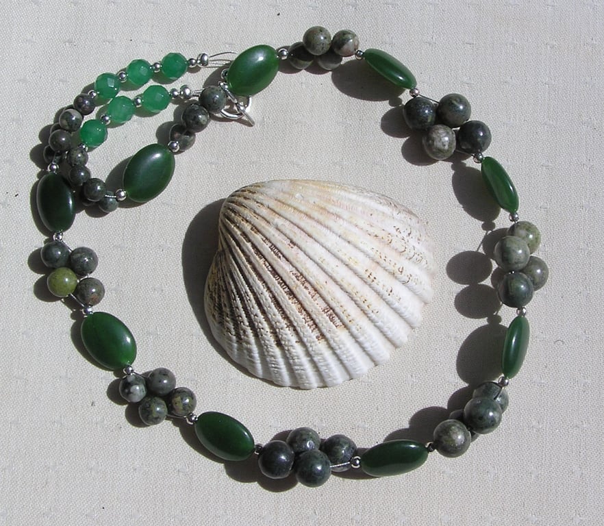 Green Nephrite Jade & Kambamba Jasper Gemstone Chunky Statement Necklace