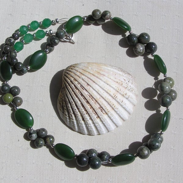 Green Nephrite Jade & Kambamba Jasper Gemstone Chunky Statement Necklace