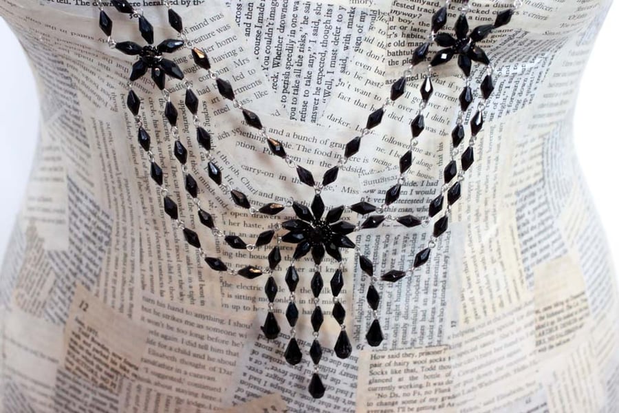 Steampunk Vintage Statement Ribbon Diamonte Bead Silver Necklace